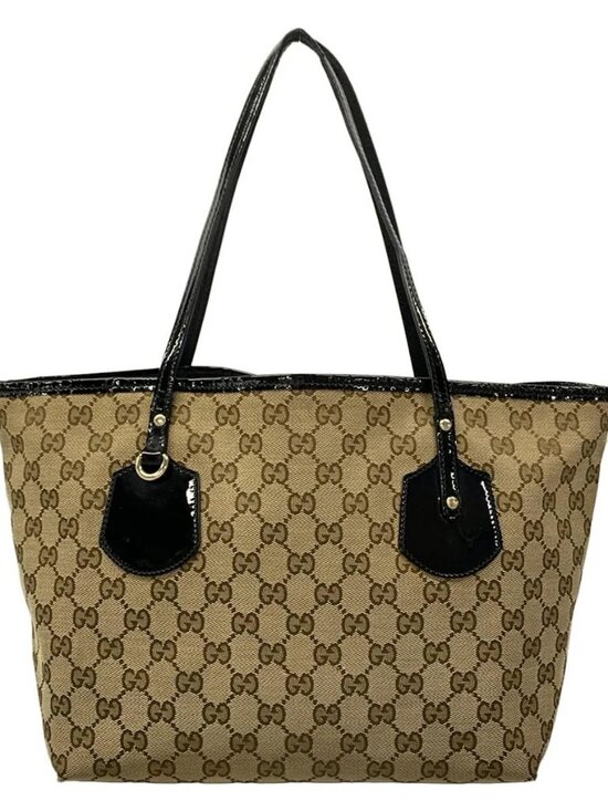 Gucci Handbags - GUCCI GG 211976 Dark Brown Beige Black Jacquard Patent Leather Tote Bag